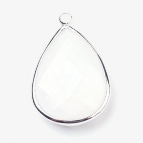Glass charm, silver plated teardrop, opaque white, 18x11mmx5, 1pc.