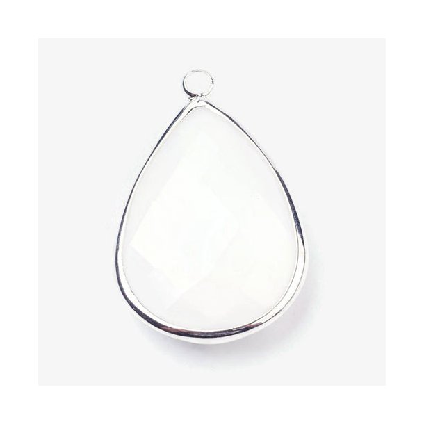 Glass charm, silver plated teardrop, opaque white, 18x11mmx5, 1pc.