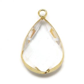 Glass charm, gold plated teardrop, transparent, 18x11mmx5, 1pc.