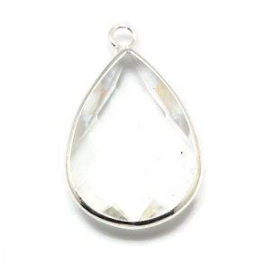Glass charm, silver plated teardrop, transparent, 18x11mmx5, 1pc.