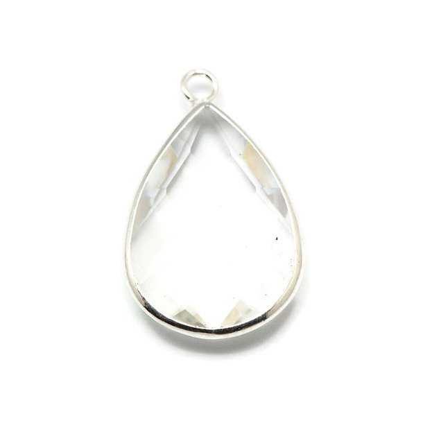 Glass charm, silver plated teardrop, transparent, 18x11mmx5, 1pc.