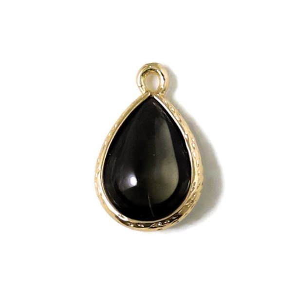Glass charm, gilded smooth teardrop, black, 18x11mm, 1pc.