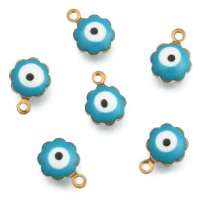 Glasperlen-Anhänger, blau mit vergoldetem Rand, mit Augensymbol, 9x7x5 mm, 4 Stück