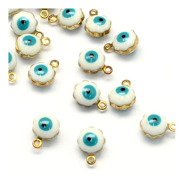 Glass bead pendant, white with gilded edge, with eye symbol, 9x7x5 mm, 4 pieces