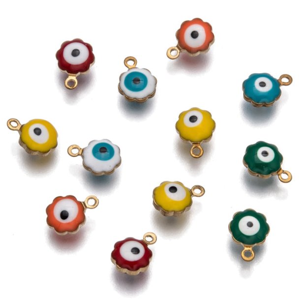 Glass bead pendant, mixed colors, gilded edge, eye symbol, 9x7x5 mm, 10 pcs