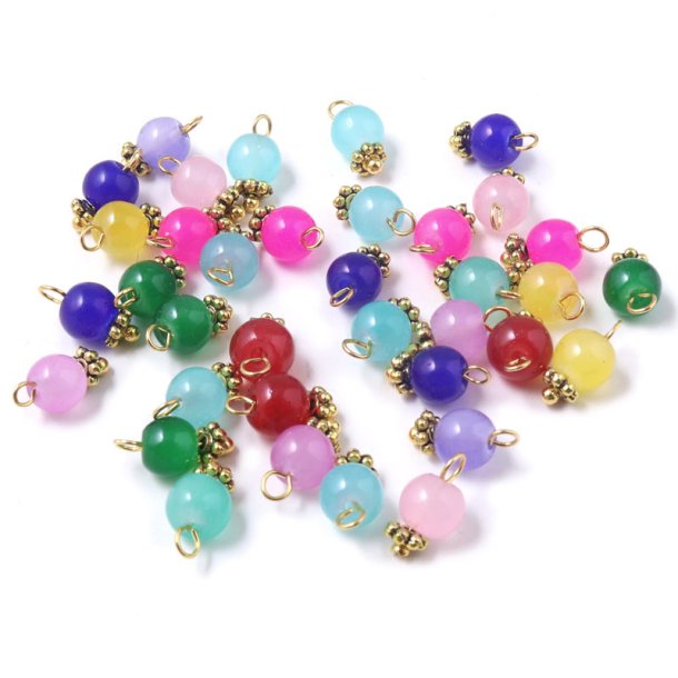 Anhnger, farbige Glasperle mit Blume, Mischfarben, Messing vergoldet, 11x6 mm, 6 Stck