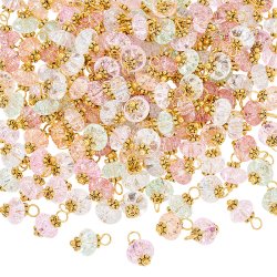 Anhnger, farbiges Cracked Glass mit Blumen, Pastell-Mix, vergoldetes Messing, 13x8 mm, 6 Stck