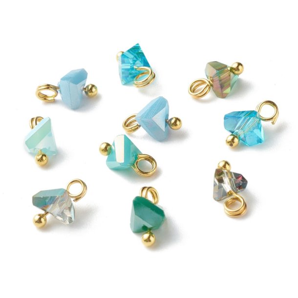 Kleiner Anhnger, facettiertem AB Glas in grn und trkis, Messing vergoldet, 8x6 mm, 6 Stck