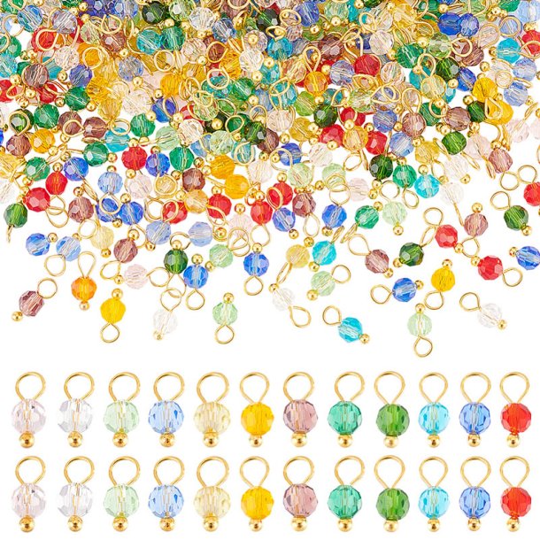 Anhnger, facettierte runde Glasperlen, Mix Farben, Messing vergoldet, 10x4 mm, 20 Stck