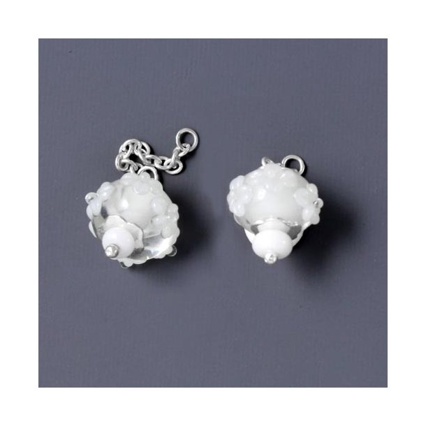 Italian glass charm, silver, white flowers with chain, 12x14mm, 1pc.