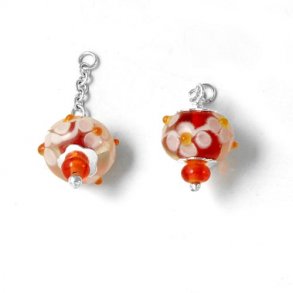 Silber Glas-Anhänger, rot mit Blumen und Kette, 12x14 mm, 1 Stk.