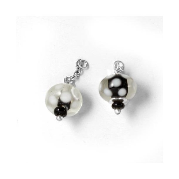 Italian glass charm, silver, black with spots and chain, 10x14mm, 1pc.
