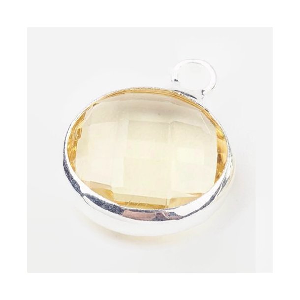 Glass charm, silver plated, round, light yellow, small, 11x8,5mm, 1pc