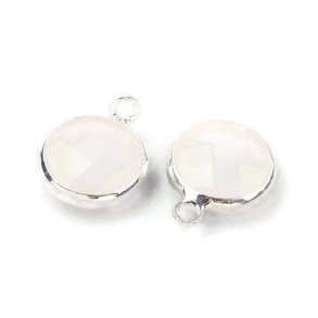 Glass charm, silver plated, round, cloudy white, 11x8,5mm, 1pc