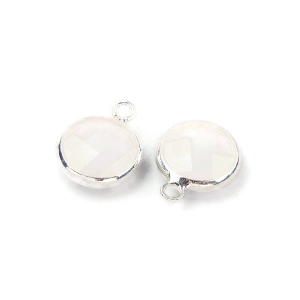 Glass charm, silver plated, round, cloudy white, 11x8,5mm, 1pc