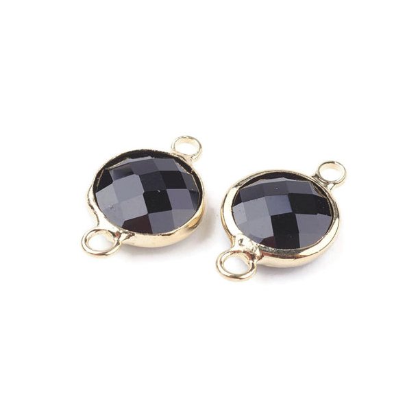 Glass charm, gilded, round, black, 14x9 mm, 1pc.
