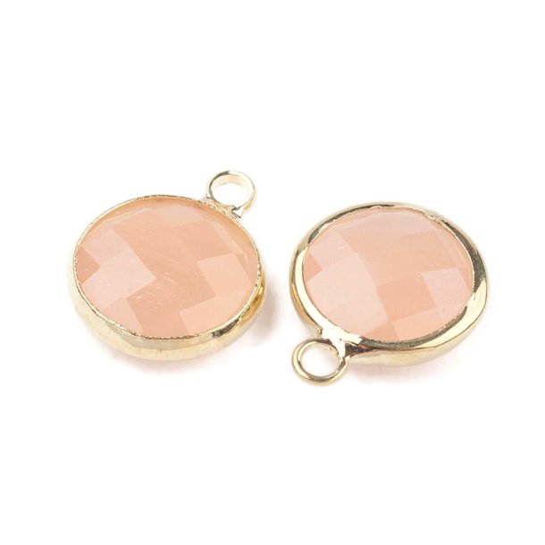 Glass charm, gilded, round, milky orange peach, 11x8,5mm, 1pc