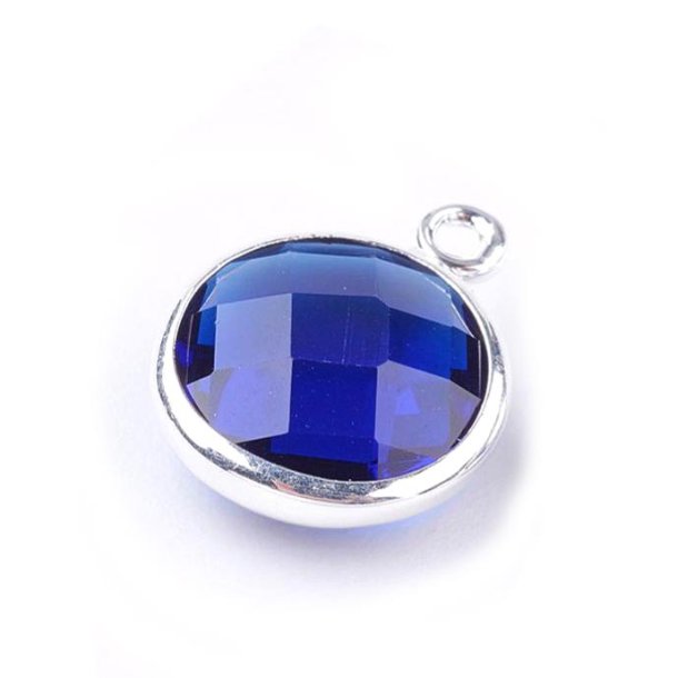 Glasanh&auml;nger, versilbert, klein, rund, dunkelblau, 11x8,5x3 mm, 1 St&uuml;ck