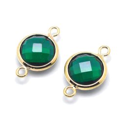 Vergoldeter Glas-Anh&auml;nger mit 2 &Ouml;sen, rund, Meergr&uuml;n, 12x7 mm, 1 Stk