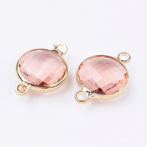 Glasanhänger, vergoldet, rund, Hellrosa Pfirsich, 2 Augen, 16x11 mm, 1 Stk.