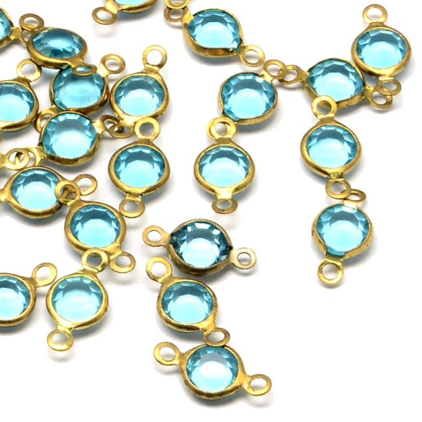 Link with two eyes, faceted light blue glas and brass, round, clear, 12x6mm, 4pcs.