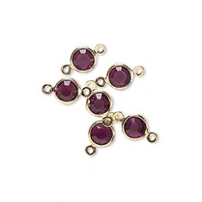 Zwischenperle mit zwei Ösen, glas und vergoldetes Messing, rund, dunkel-lila, 12x6 mm, 6 Stk