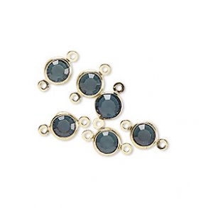 Zwischenperle, Glas und vergoldetes Messing, rund, dunkel grau-blau, 12x6 mm, 6 Stk