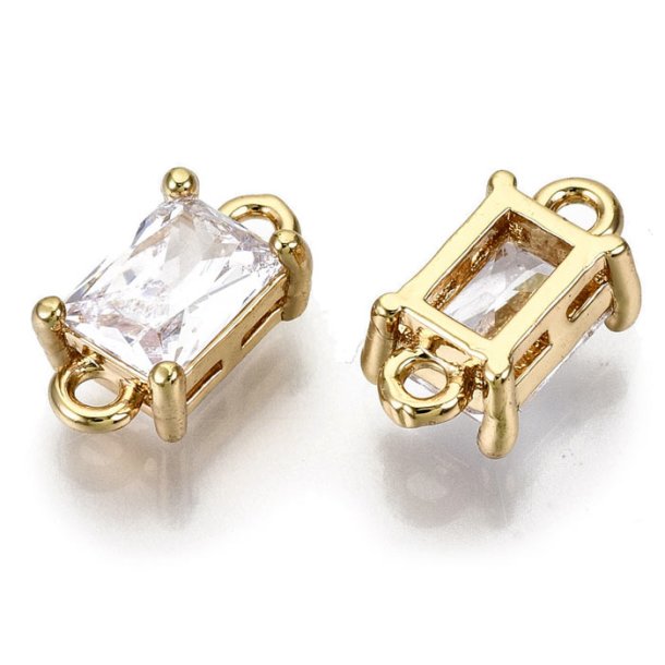 Glass link, gold palted brass, square, clear, 2 loops, 12x6x4.5mm, 2pcs