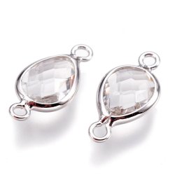 Versilberter Glas-Anh&auml;nger mit 2 &Ouml;sen, Tropfen, transparent, 14x7x3 mm, 1 Stk