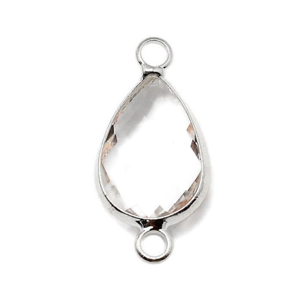 Glass link with 2 loops, silver plated brass, Drop, clear, 14x7x3mm, 1pc