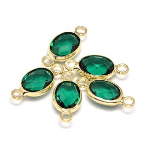 Vergoldeter Glas-Anhänger mit 2 Ösen, Oval, blaugrün, 15x6,5 mm, 1 Stk