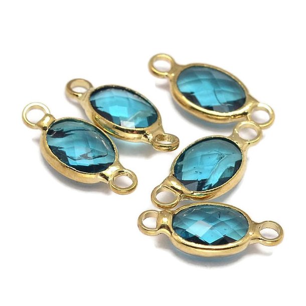 Glass link, with 2 loops, gold plated brass, oval, sky blue, 15x6.5mm, 1pc