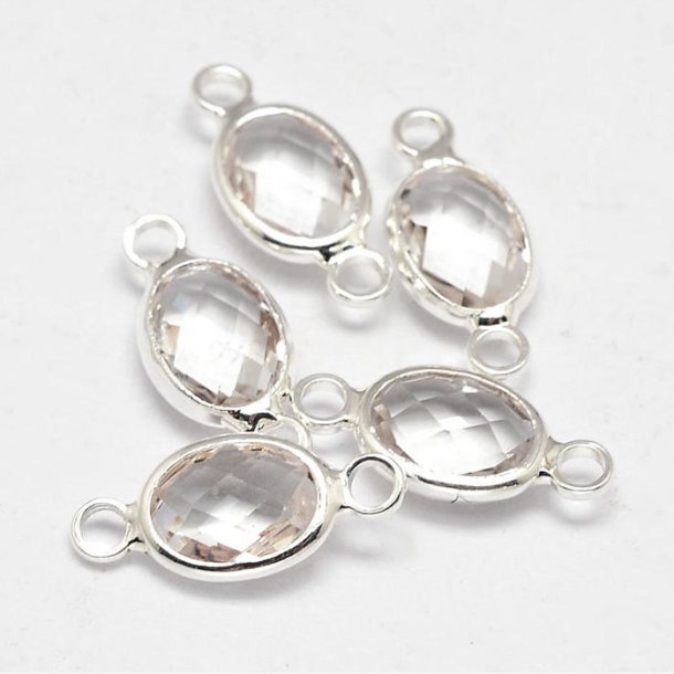 Glass charm, silver plated, oval, 2 loops, clear white, 15x6.5mm, 1pc