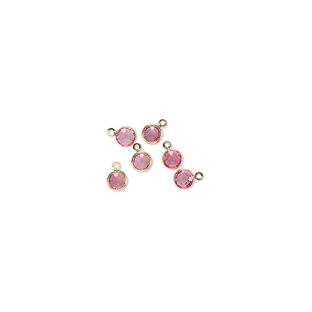 Kristalle mit &Ouml;sen, glas und vergoldetes Messing, rund, pink, 9x6 mm, 6 Stk