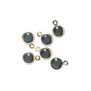 Kristalle mit 1 Öse, glas und vergoldetes Messing, rund, dunkel grau-blau, 9x6 mm, 6 Stk