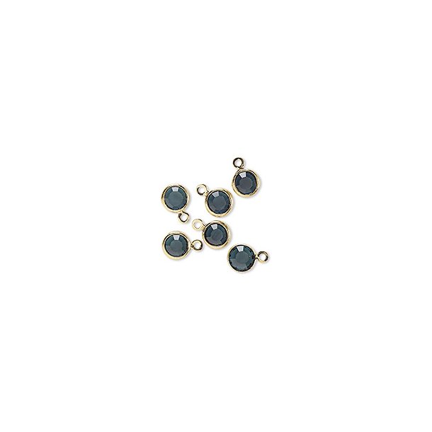 Kristalle mit 1 &Ouml;se, glas und vergoldetes Messing, rund, dunkel grau-blau, 9x6 mm, 6 Stk