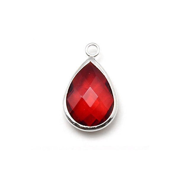 Glass charm, silver plated teardrop, red, 18x11mm, 1pc