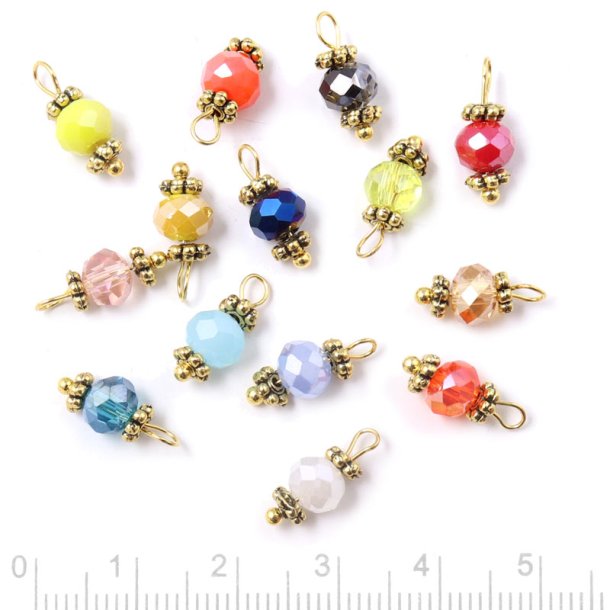 Anhnger, facettierte glasperle mit blumen, mix farben, vergoldet, 12x5,5 mm, 10 stck