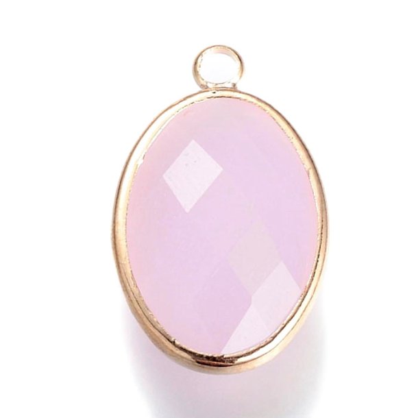 Glass charm, gold plated, oval shaped, opaque, pink, 16x11x4mm, 1pc