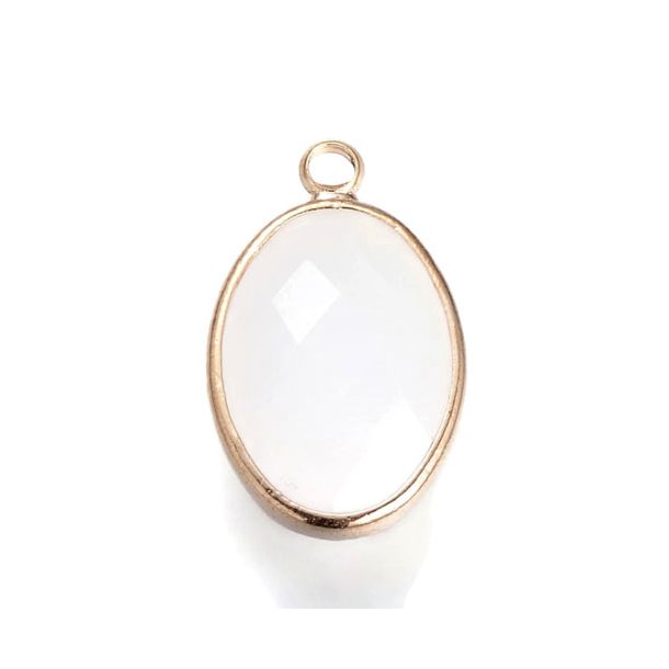 Glass charm, gold plated, oval shaped, opaque, white, 16x11mm, 1pc