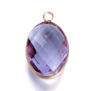 Vergoldeter Glas-Anhänger, oval, klar, lila, 16x11x5 mm, 1 Stk