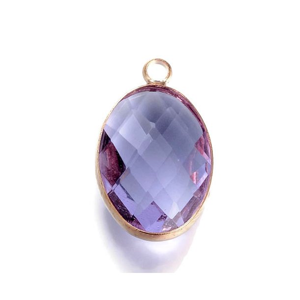Glass charm, gold plated, oval shaped, clear lilac, 16x11x4mm, 1pc