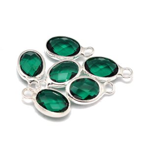 Versilberter Glas-Anh�nger, Oval,  blaugr�n, 12x7 mm, 1 Stk
