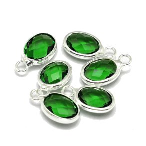 Versilberter Glas-Anh�nger, Oval,  gr�n, 12x7 mm, 1 Stk