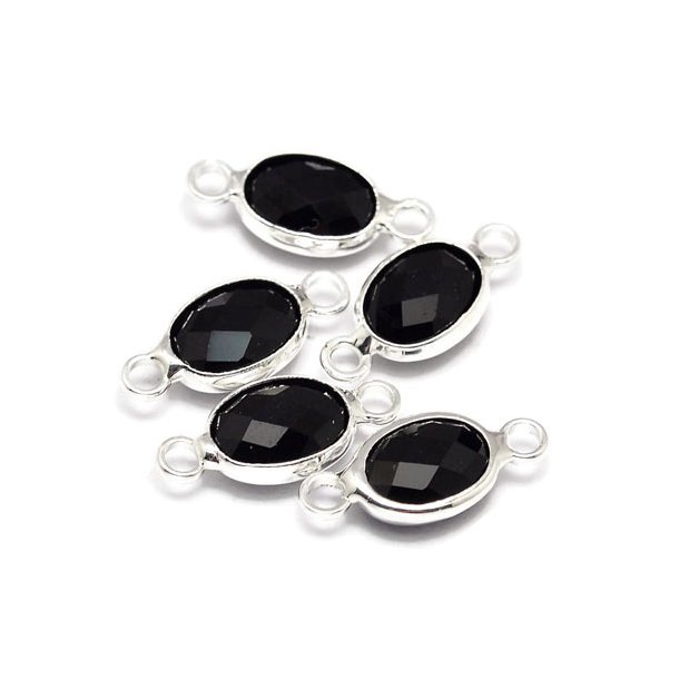 Versilbert Glas-Anh&auml;nger, Oval, schwarz, 15x6,5 mm, 1 Stk