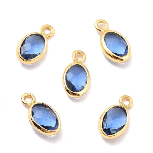 Glass pendant, gold-plated, oval, cornflower blue, clear 9x4.5x2 mm, 1 pc
