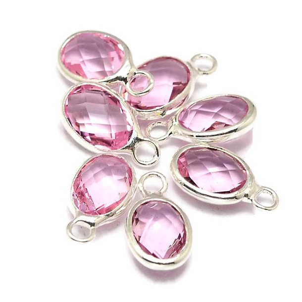 Glass charm, silver plated, oval, pink, 12x7.5mm, 1pc
