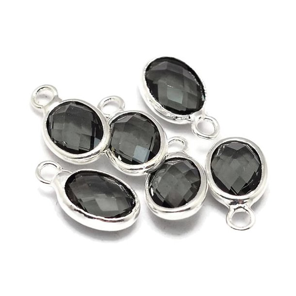Glass charm, silver plated, oval, grey, 12x7mm, 1pc