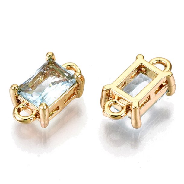 Glass link, gold palted brass, square, light cyan, 2 loops, 12x6x4.5mm, 2pcs