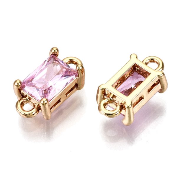 Vergoldeter Glas-Anh&auml;nger, viereckig, rosa, 2 &Ouml;sen, 12x6x4,5 mm, 2 Stk